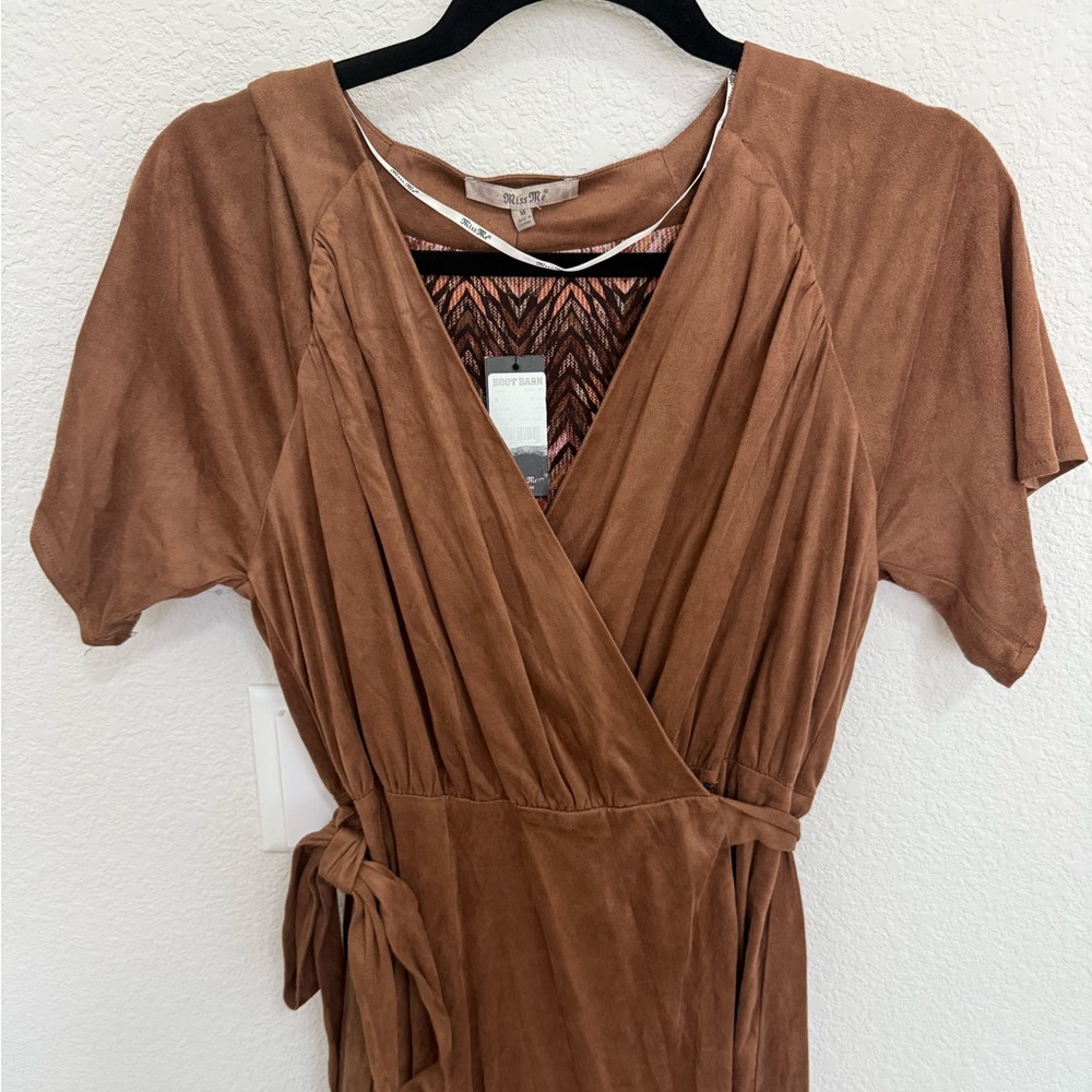 Miss Me Faux-Suede Wrap Dress Flutter Sleeves Mocha Brown Size Medium M NEW - Picture 4 of 10